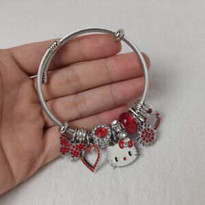 Hello Kitty Charm Pendant Tone Bangle Bracelet In Silver & Red